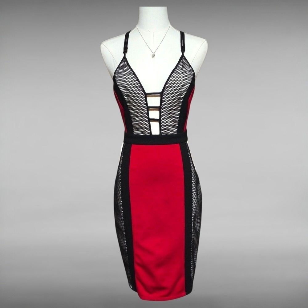 NWT Hego Red Colorblock Cutout Mesh Panel V Neck Strappy Bandage Bodycon Dress S - Picture 2 of 6